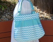 KATE Pleated Shoulder Bag in Aqua Chevron and Polka Dots with 5 Interior Pockets - Read To Ship