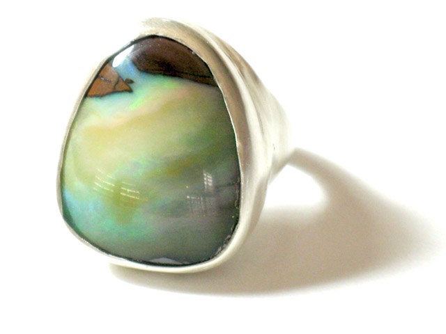 Opal Sterling Ring - Koroit Opal-Freeform Australian Opal Cabochon - Gemstone Ring - Freeform Ring - OOAK Ring - Cocktail Ring