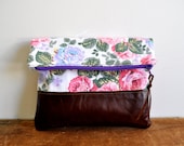 Foliage Clutch - Vintage Fabric and Leather - rare fabric - floral print - fold over clutch