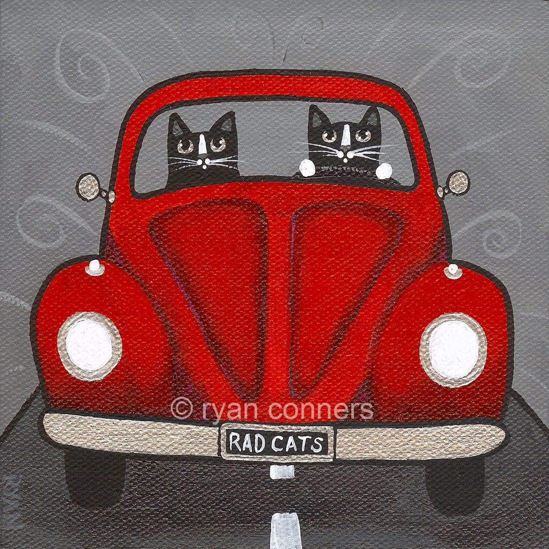 Rad Red Bug Cats Folk Art Digital Print