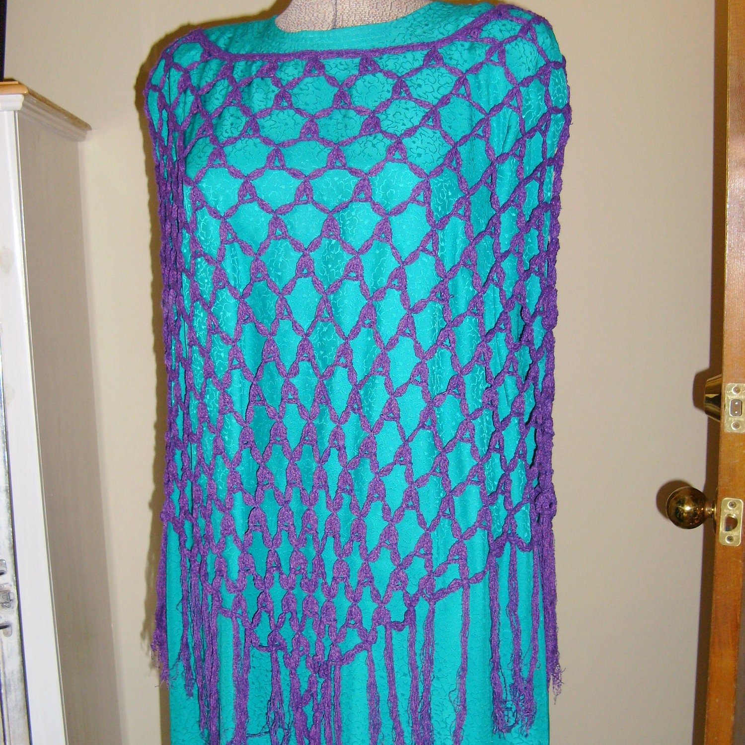 Vintage Crochet Poncho, Purple Airy Lace, Hippie Retro, Shawl Wrap