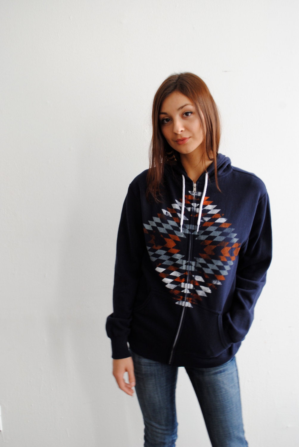 Women's Hoody, Size 2XL, Unisex, Navy Zip Hoodie, Hooded Sweatshirt, Slim Fit, Native American inspired print