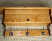 Solid wood, beautifully handcrafted Cherry and black walnut wood shelf coat rack, glove box and coat hooks