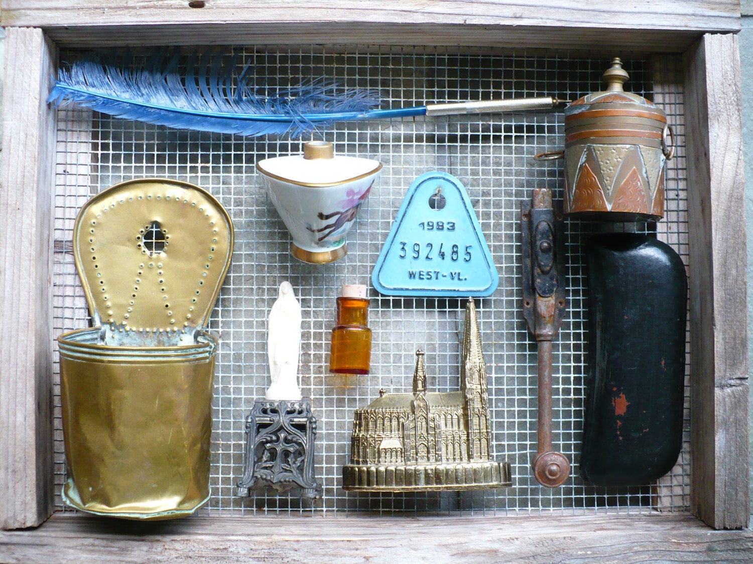 VINTAGE TREASURES...European collection weekend trip-glass bottle license plate-ink pot-brass art-box pen