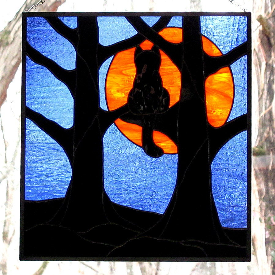 Stained Glass Black Cat Full Hunter's Moon Hanging Panel