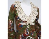70's JOY STEVENS  Vintage Renaissance Print Lace Maxi Dress