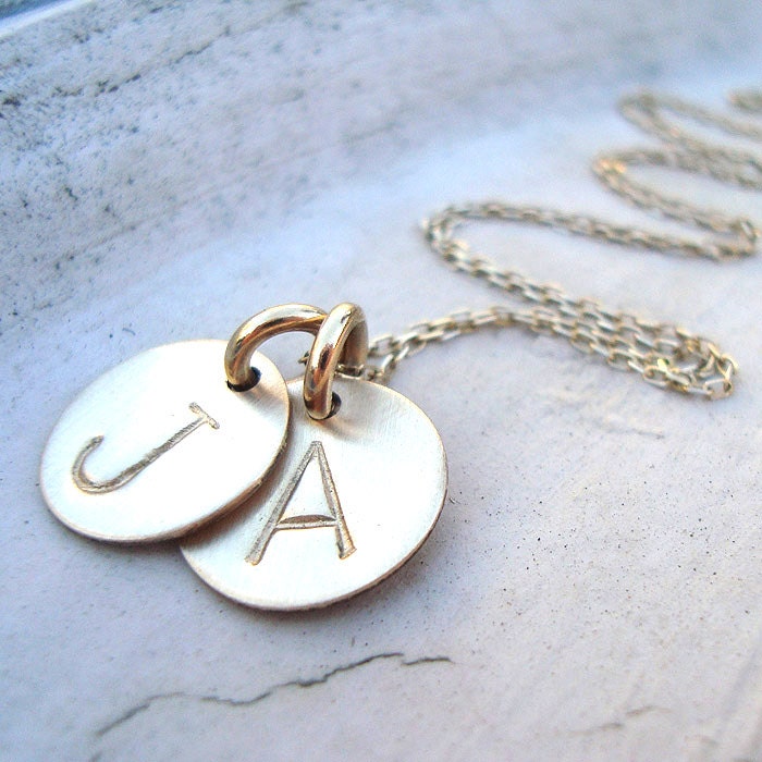 Two Monogram Disc Necklace, gold Initial Necklace, Hand stamped Jewelry, Personalized initials, Mothers Necklace, Creme de la Gems