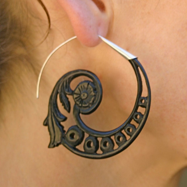 Abundance Earrings - ornate black wood hoops with silver ear stems. For all standard piercings