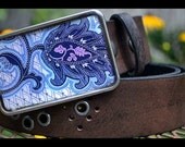 The Frenchie Belt - Leather Belt with Delicate Blue Paisley Swirl Buckle