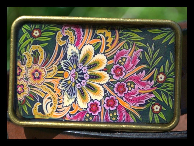 The Cheryl Buckle - Dark Green, Bold Pink Flower Buckle