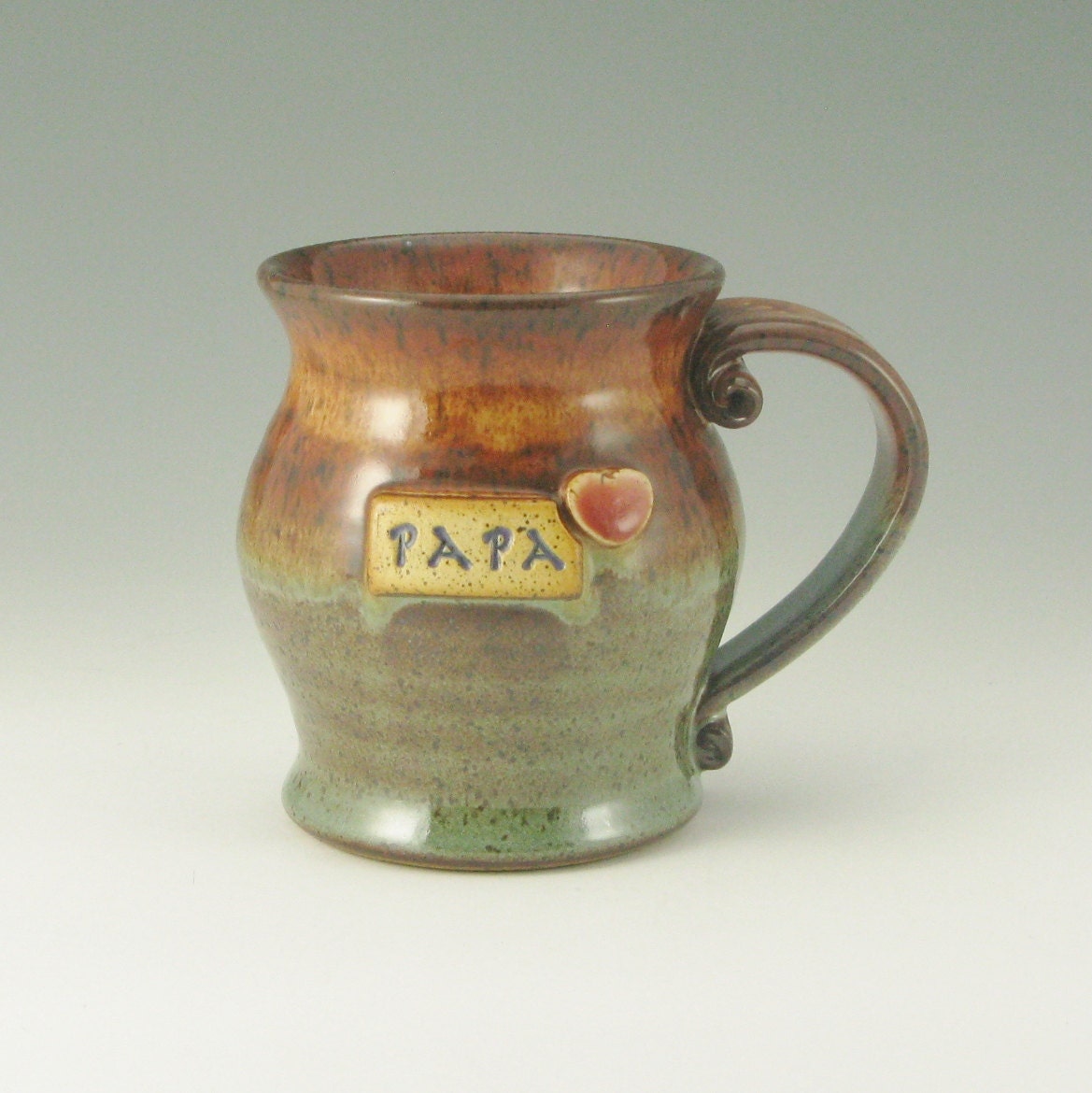 PAPA's Coffee Mug, Beer Mug, Water Mug, Honey Brown and Sage Green with Red Heart, 16 Ounce, Ready to Ship