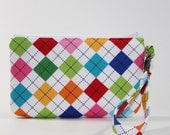Wristlet / Padded Zipper Pouch - Rainbow Argyle