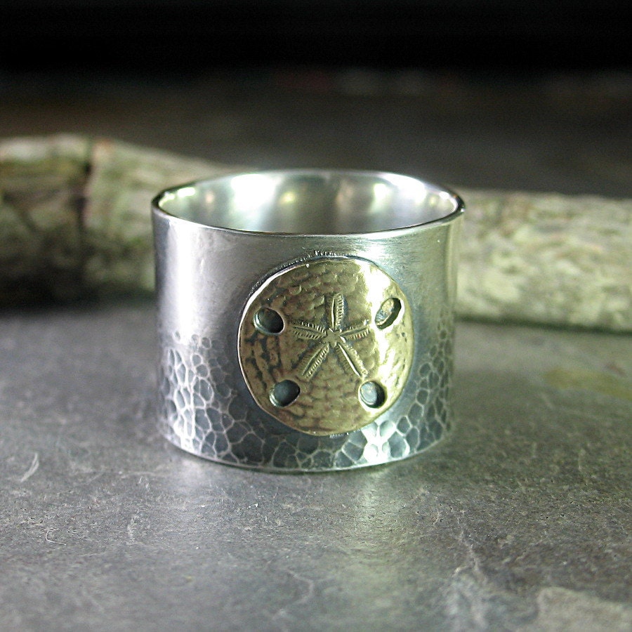 Sterling silver wide band ring brass sand dollar ocean - Day at the Beach