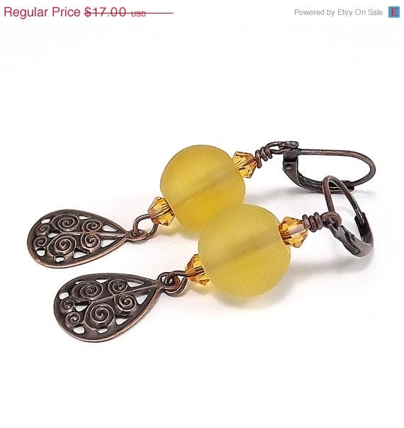 SALE Antique Copper Earring with Citrine Frosted Sea Glass Rounds