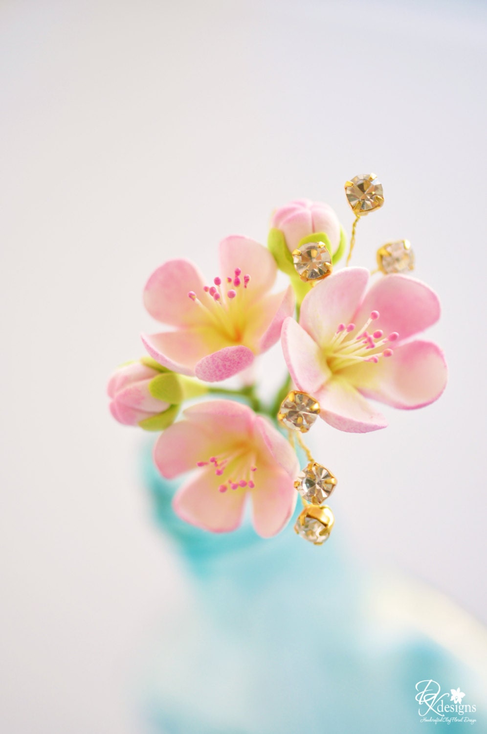 Made to Order - Pink Cherry Blossom Hair Pin with Handwired Rhinestones with Gold Settings