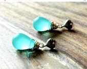 Summer Sale 10% Off Turquoise Blue Frosted Sea Glass Wire Wrapped Earrings With Silver Plated Heart Charm Ear Wires