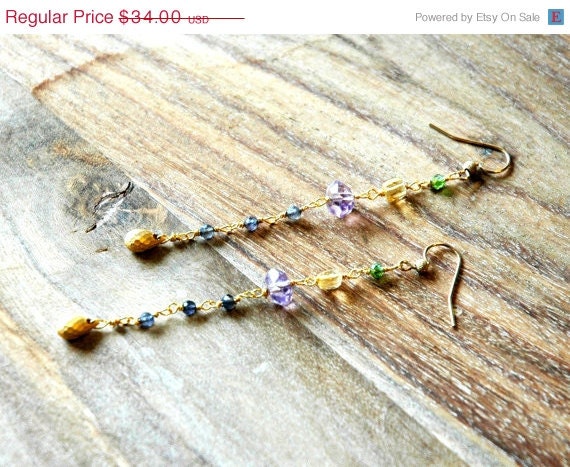 Summer Sale 10% Off 14k Gold filled Long Earrings with Amethyst, Tanzinite and Citrine Gemstones