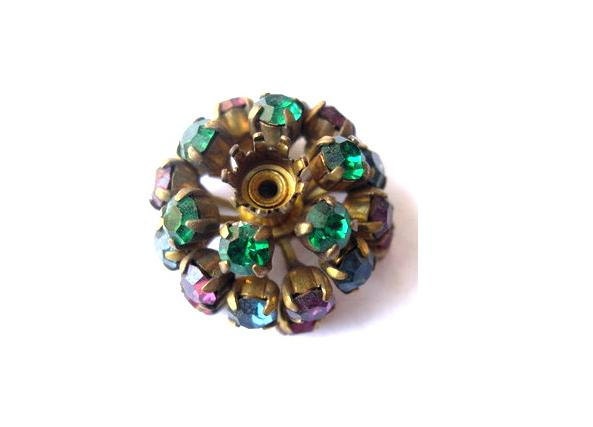 Antique vintage SWAROVSKI BEAD flower shape, metal flower with green, red, iolet and blue crystals- RARE