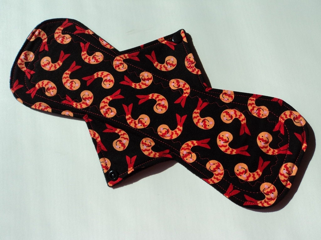 Cloth Menstrual Pad - 12.5" - Bamboo Hemp Core   - Ultra Absorbency - Bento Box - Smiling Shrimp - Black