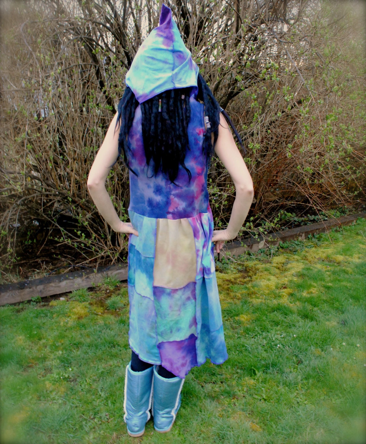 RESERVED Patchwork Dress, Hand Dyed Baby Doll Dress, Hooded Dress