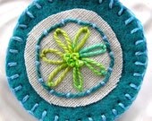 Embroidered Felt and Linen Brooch - Joy - Turquoise Petite Brooch