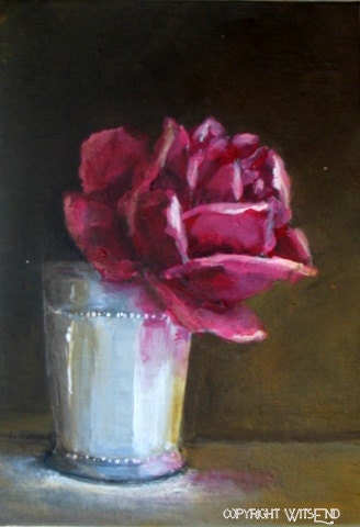 Red Rose painting hp original flower floral in silver julep cup still life art free shipping USA