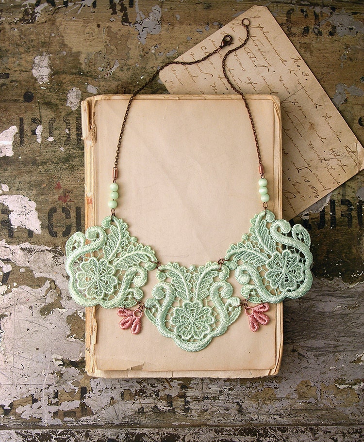 lace bib necklace - KALLISTO - mint and blush pink bib necklace - statement necklace