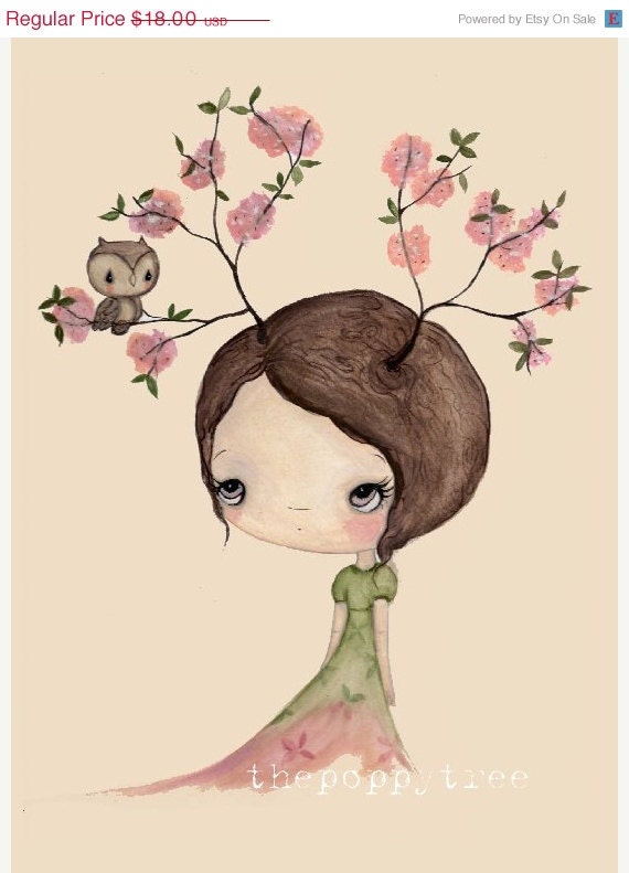 Tree Print Pink Cherry Blossom Bloom Spring Girl Wall Art---Owl In My Tree