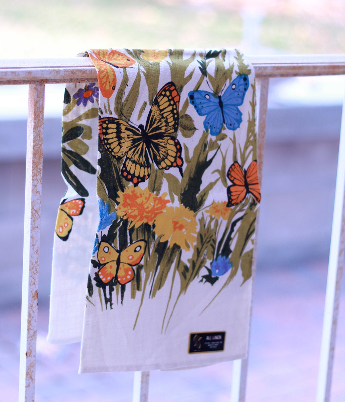 NOS Butterfly Linen Tea Towel - 60s with Original Paper Label