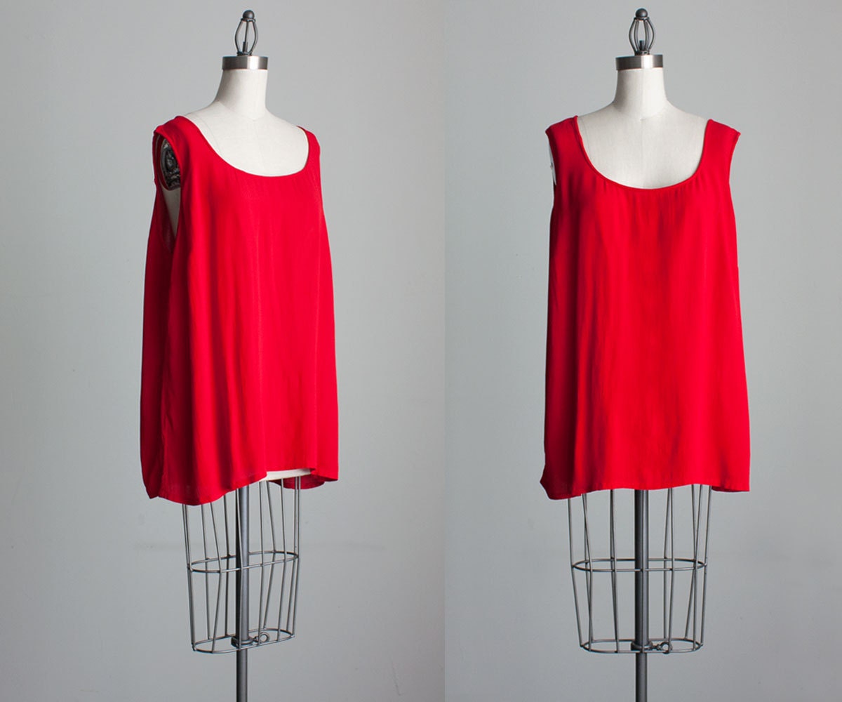 Red Tank Blouse 1990s Vintage Red Oversized Tent Tank Top Tunic Sleeveless Shirt