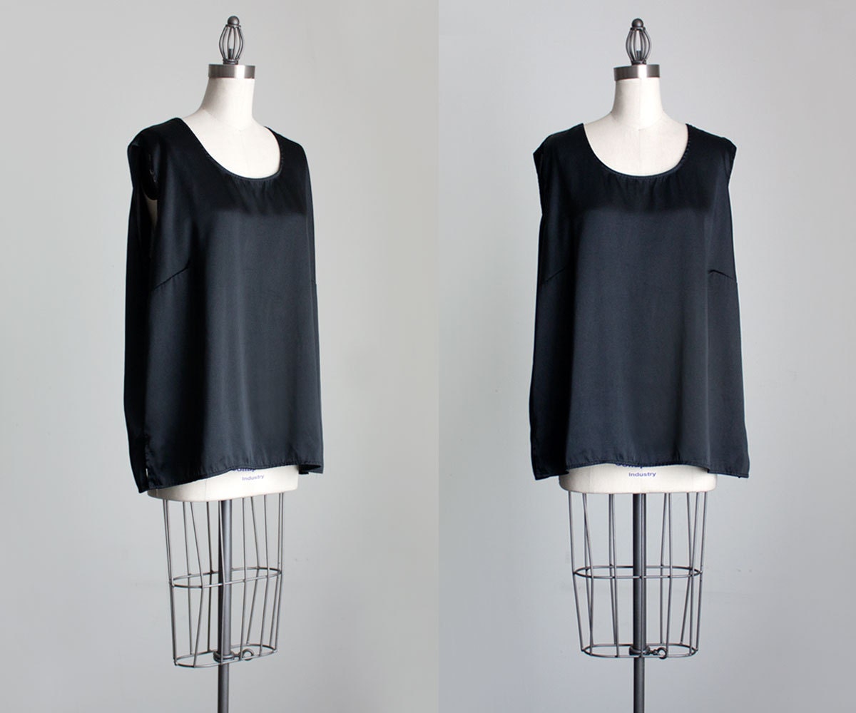 Black Satin Tank Top 90s Vintage Black Loose Fit Sleeveless Tunic Shirt