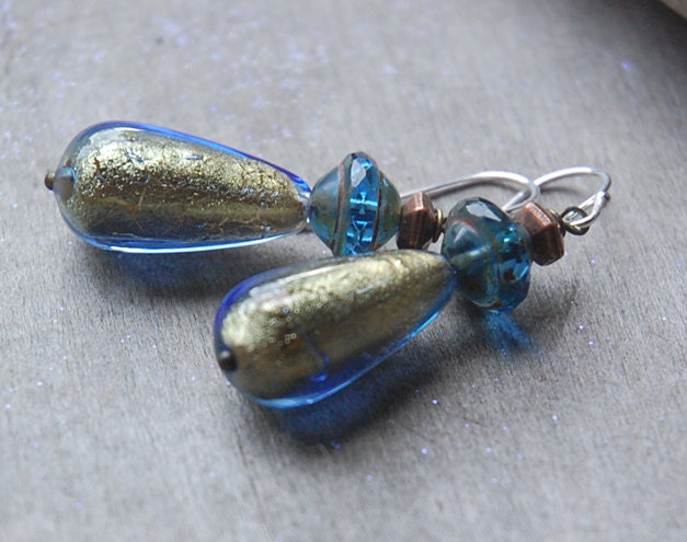 Artisan Glass Earrings, blue dangle earrings, Gift for her