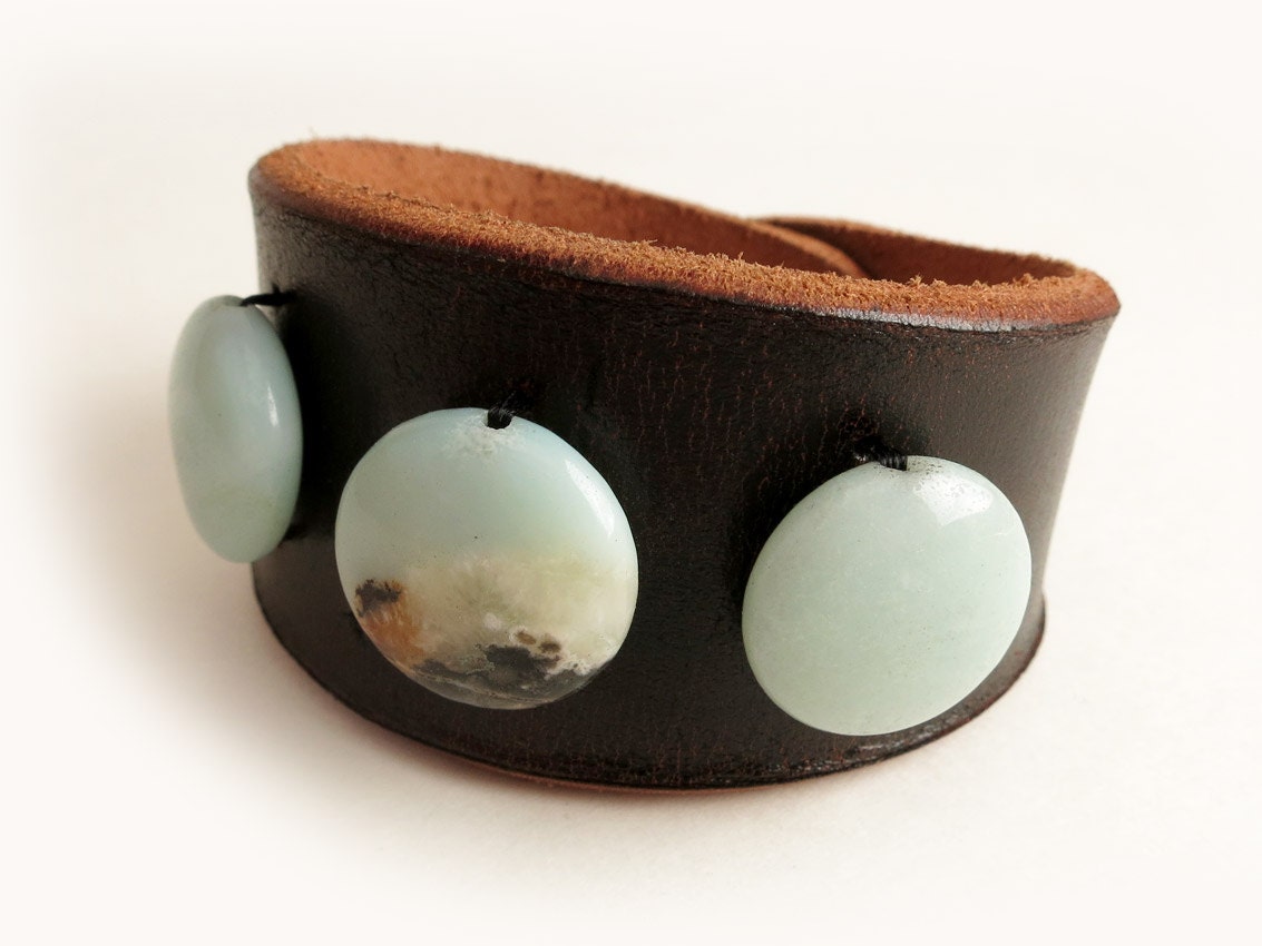 Brown Leather Cuff with Powder Blue Crystal Agate Beads