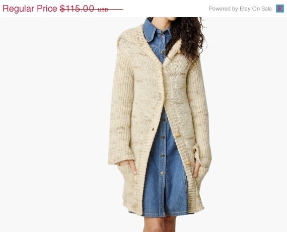SALE - Vintage Oatmeal Hooded Sweater Coat