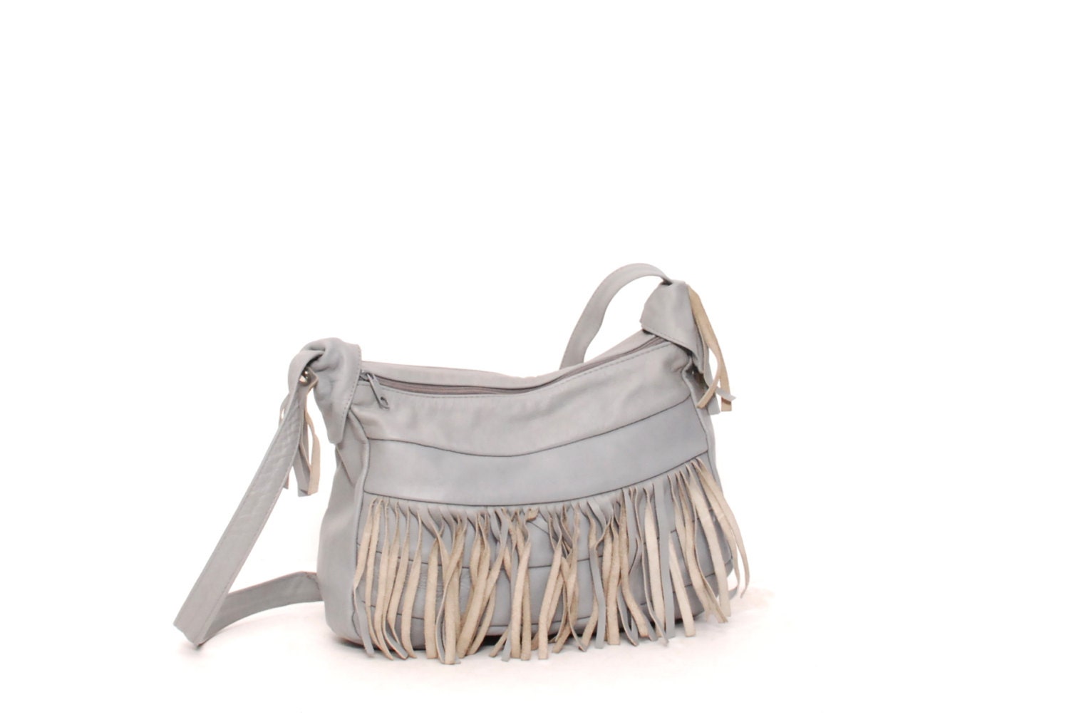 southwest FRINGE gray leather 80s SLOUCHY HOBO zip up purse