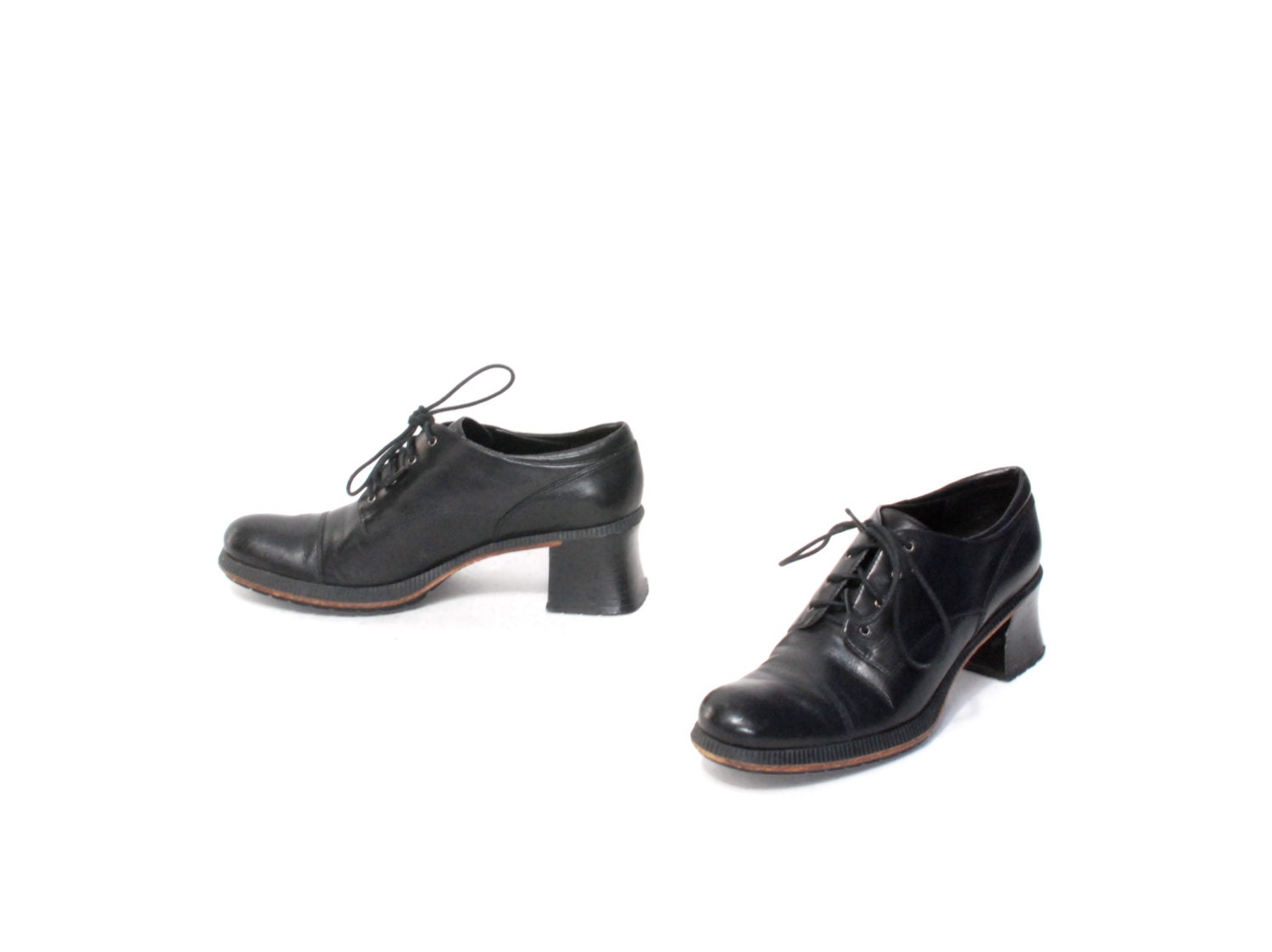 size 7.5 CHUNKY black leather 80s 90s PLATFORM OXFORD lace up heel ankle boots