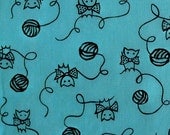 Adorable piece of vintage fabric, aqua with kittens playing with yarn