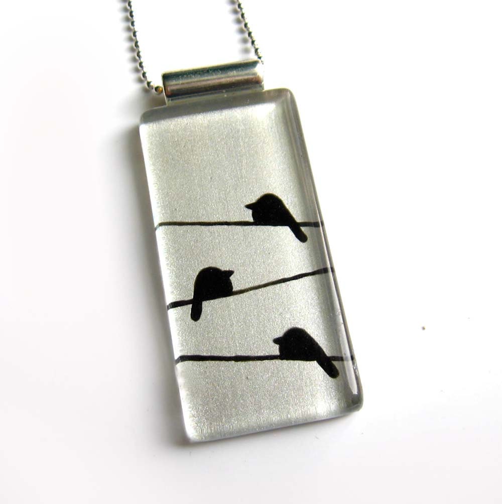 Bird black and silver pendant - hand painted glass -