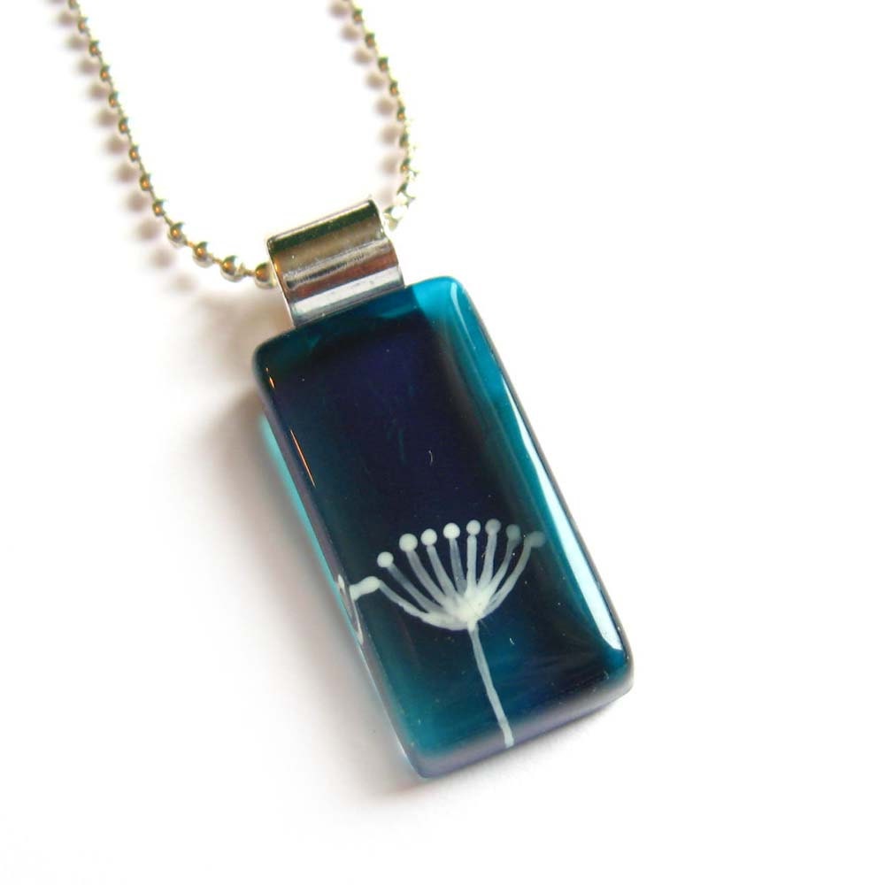 Dandelion teal pendant - Hand painted glass