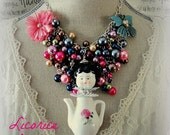 33% OFF  Sale Antique Style Tea Pot Dolly porcelain DOLL Statement Necklace multi Pearl Cascade Bib pink rose flower retro vintage shabby c