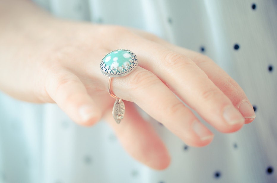 Toadstool and Moissanite Gemstone Leaf Charm Storybook Ring - 14kt Gold, Silver, Enameled