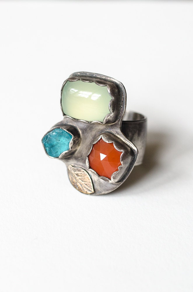 Magpie Ring No 26, Sterling, Carnelian, Apatite, Chalcedony