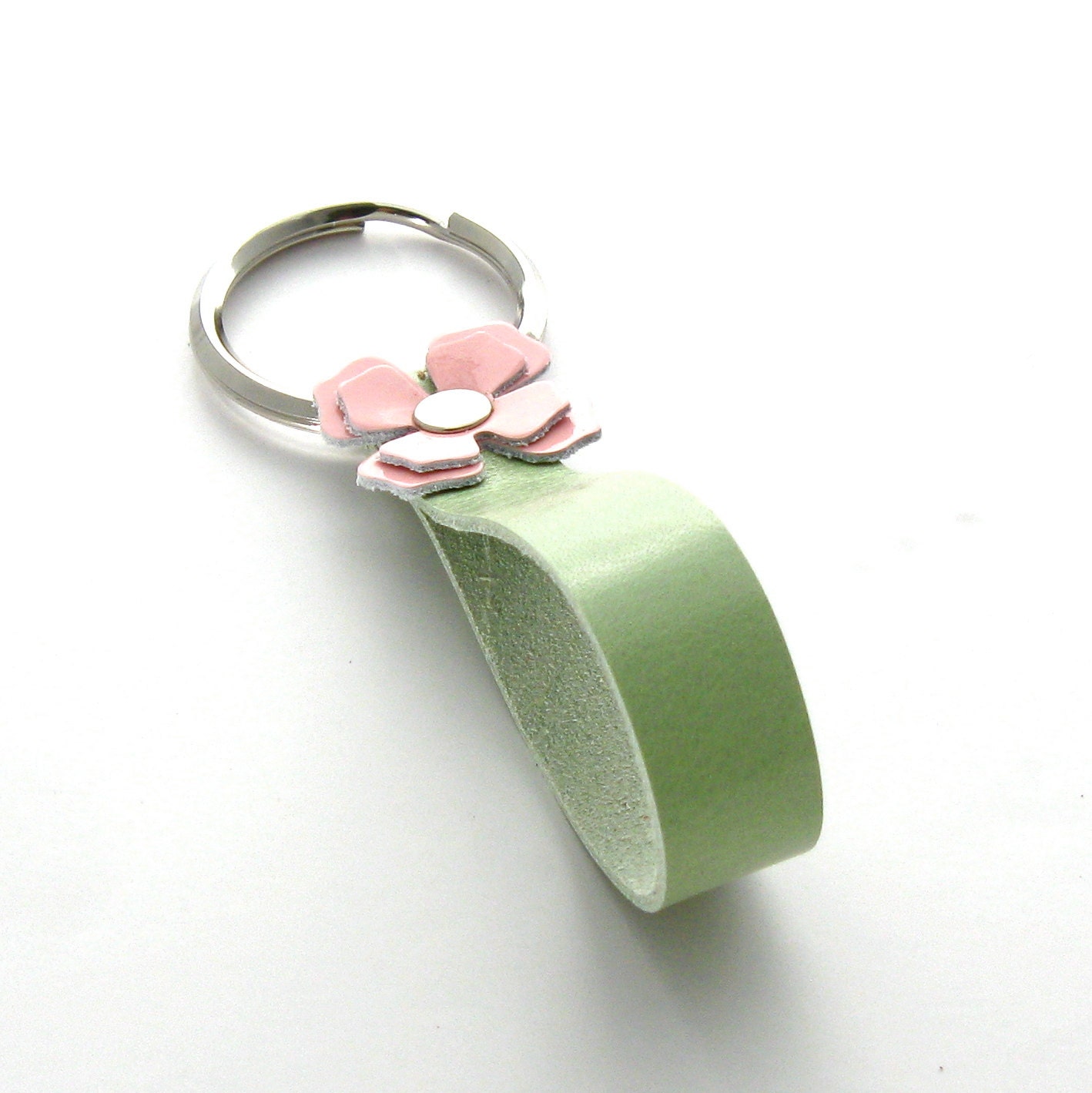 Spring Flower Leather Keychain, A Handmade Pastel Leather Key Ring in Preppy Pink and Green
