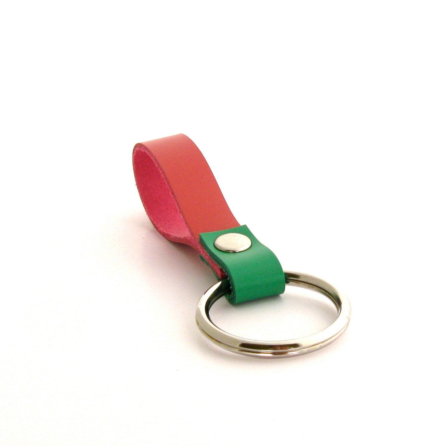 Preppy Pink and Green Handmade Leather Keychain, A Color Block Leather Accessory in Emerald Green and Watermelon Pink