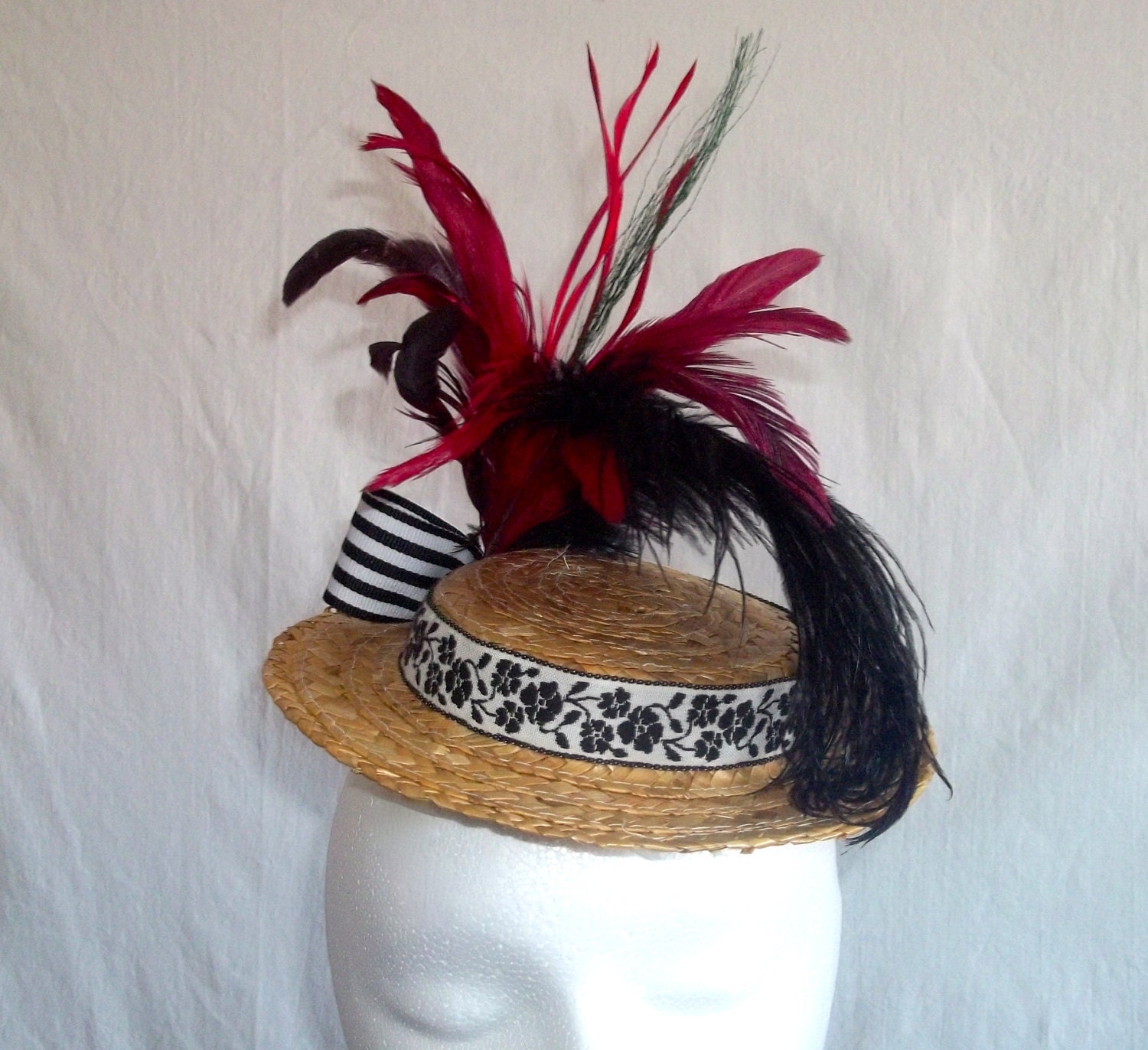 Tiny Feathered Straw Boater Fascinator Black White and Red