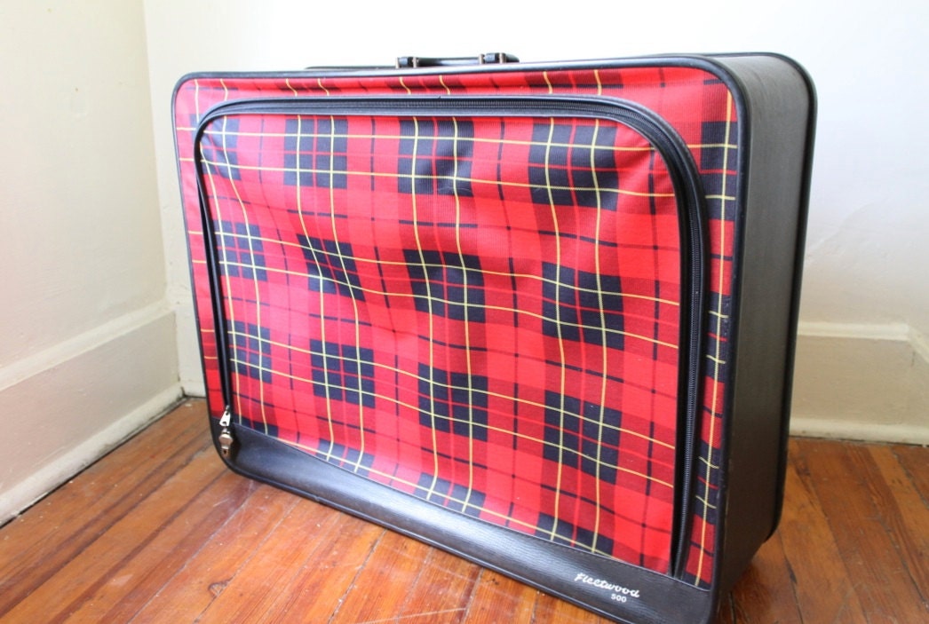 Large Vintage Plaid Suitcase
