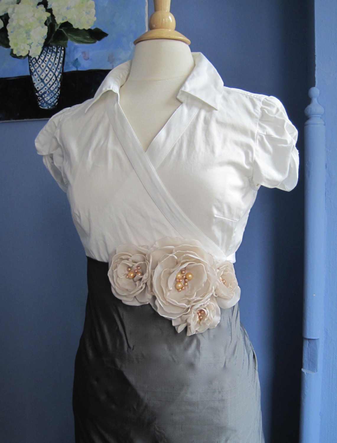 fabric flower brooch -  four bloom  corsage pin in nude with freshwater pearls