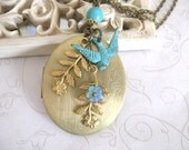 Long Brass Locket necklace, vintage locket with verdigris bird and flower charms - by botanical bird