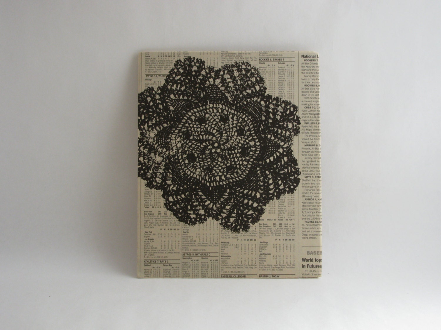 LACE Wall Art screenprint on baseball stats newsprint