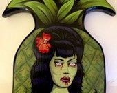 Zombie Tiki Hula Girl on Pineapple Original painted Plaque by Liz Carroll - UC Studios